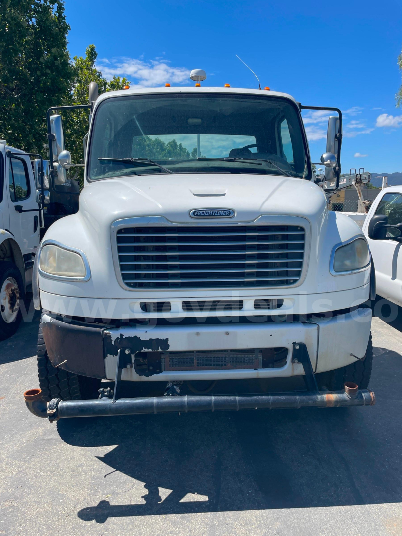 Front view of a white 2009 Freightliner M2 106 cab and chassis truck with large grille, bumper guard, and dual side mirrors.