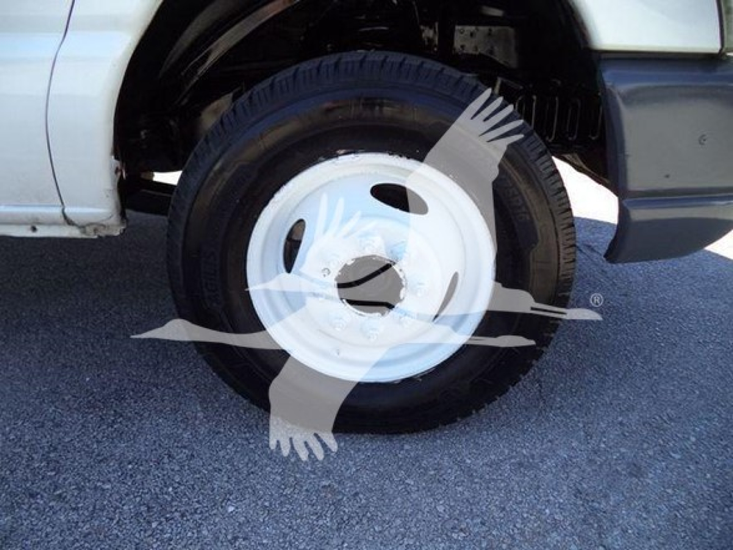 Ford E-450 wheel/tender area showing steel white hubcap and tire; partial front fender visible.