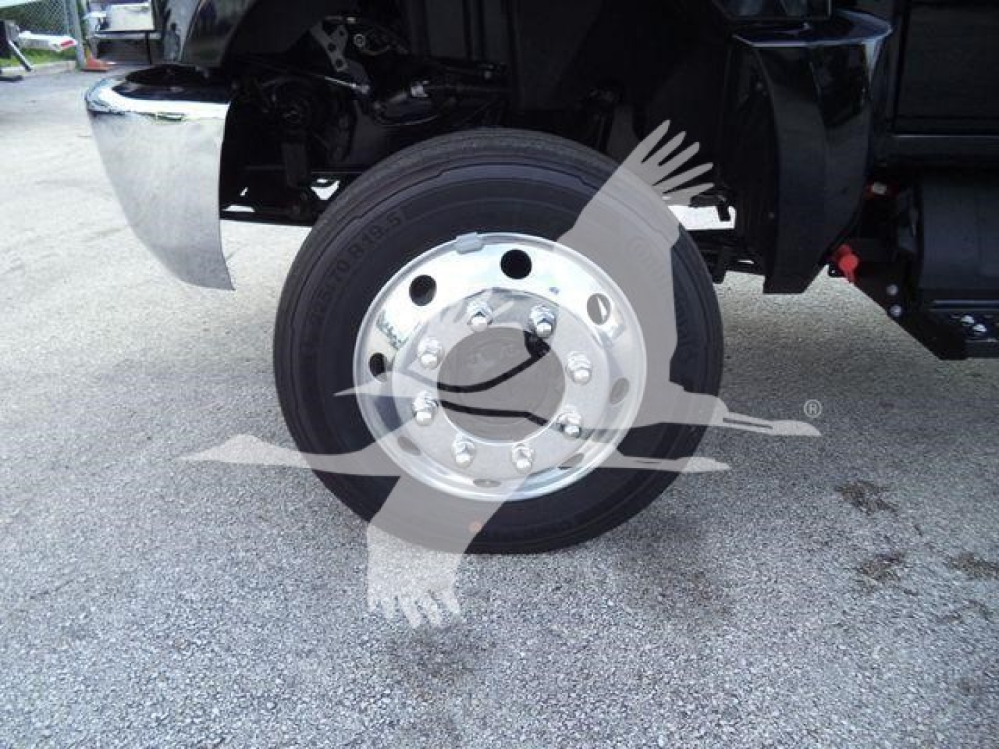 Truck front wheel with chrome hubcap and black tire; partial view of suspension and fender, watermark overlay.