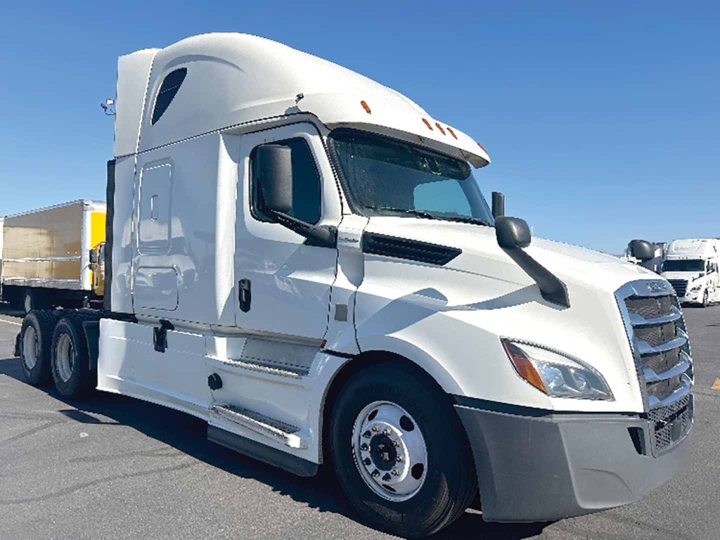Truck cab: 2020 Freightliner Cascadia126 sleeper with white exterior, side mirrors, and aerodynamic hood. VIN 3AKJHHDR8LSLP5526 visible in listing image.