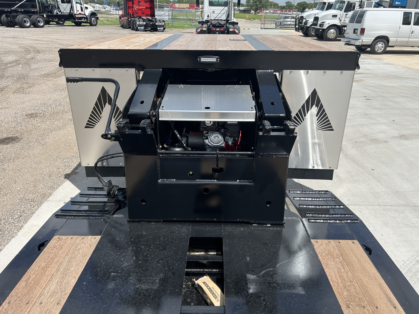 Alpha A70HDGC-M hydraulic detach double drop mini deck lowboy trailer with open front showing hydraulic components and metal decking.