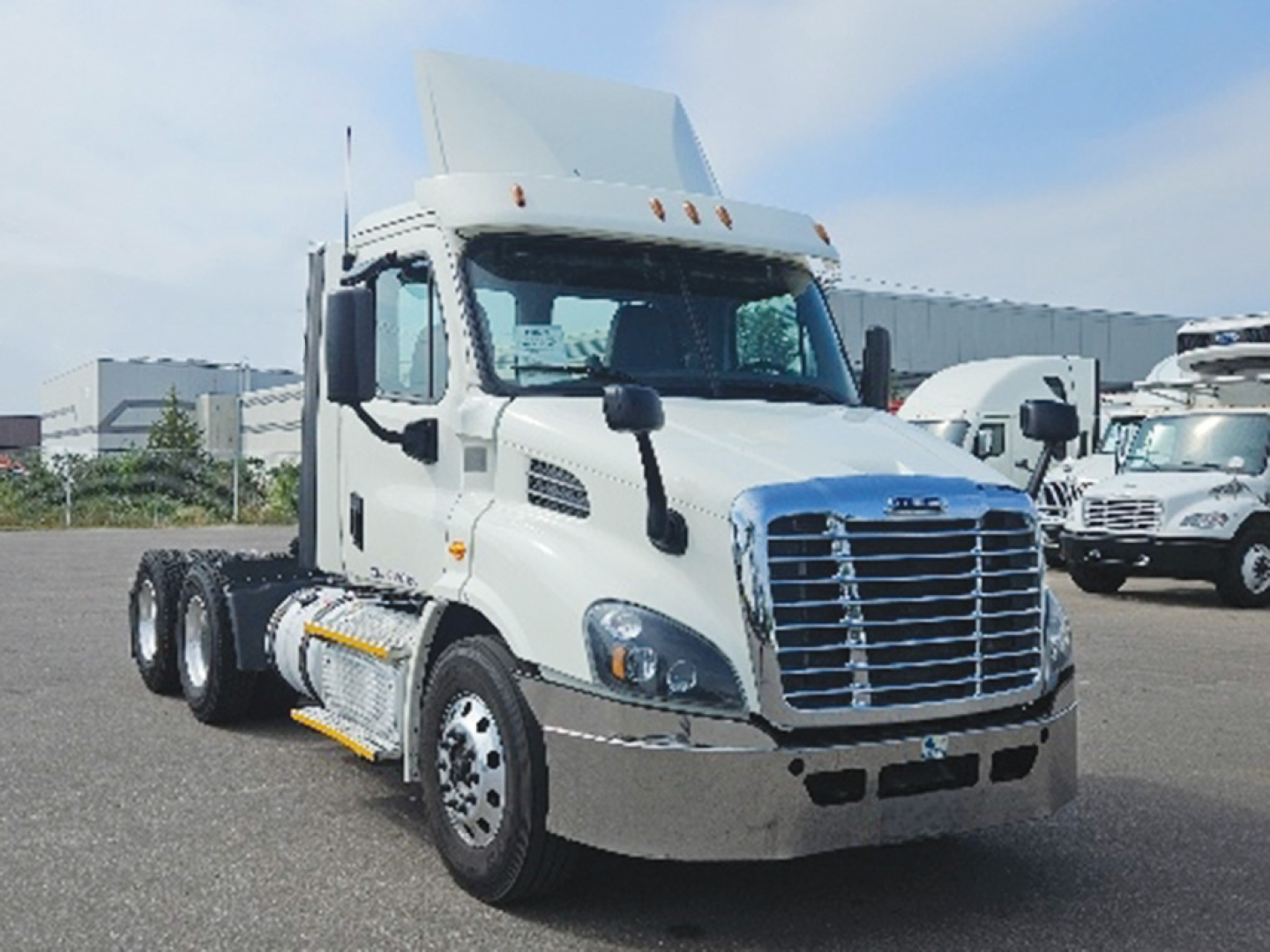 Truck cab showing Freightliner Cascadia 113 front view with grille, headlights, and dual rear axles.