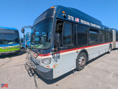 Transit bus 2013 New Flyer XD60 showing front side with bike rack and Regional Transit Service branding, number 378, silver/blue livery.
