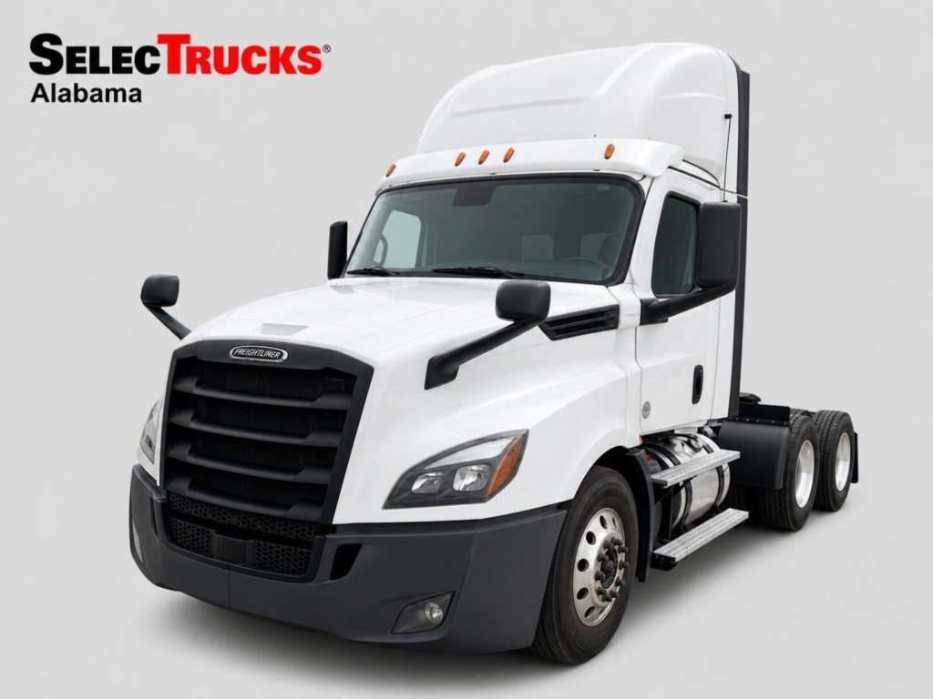 Freightliner Cascadia day cab tractor showing white exterior with black front grille and cargo area wheels.