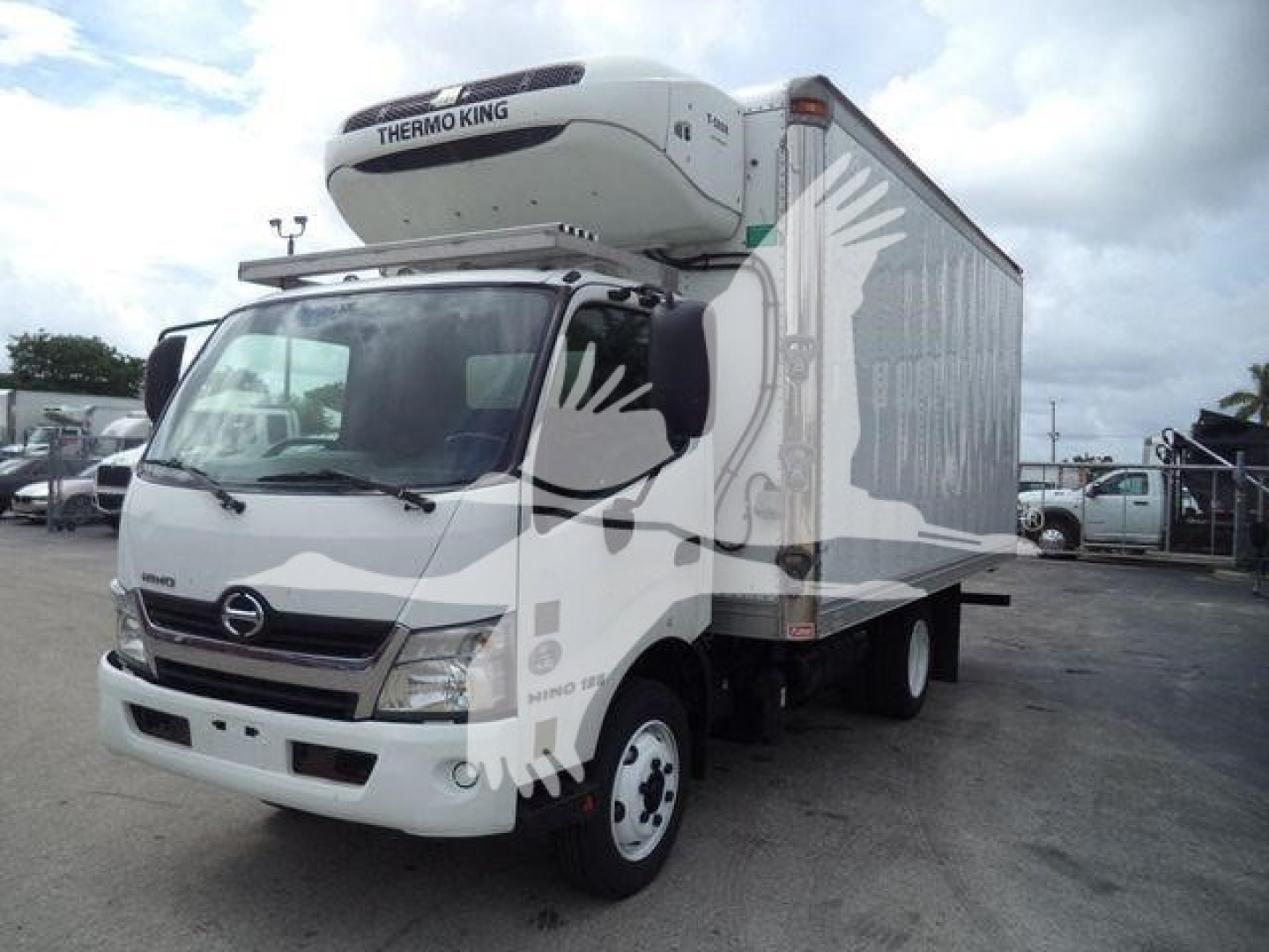 Hino 195 refrigerated truck with Thermo King unit on top, white cab, box body, front view at a vehicle lot.