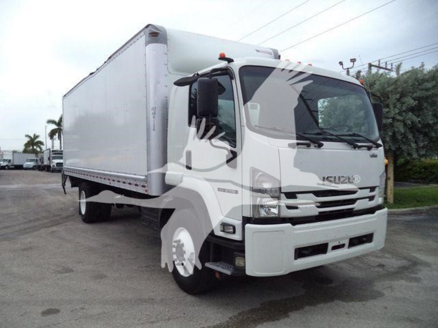 Isuzu box truck side view showing cab and large box cargo area.