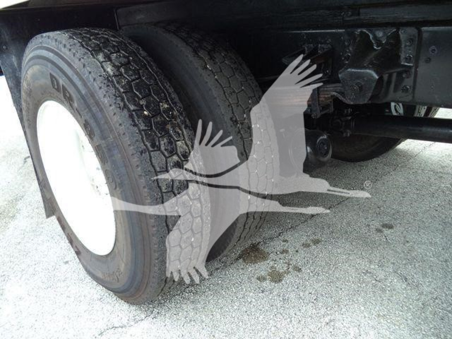 Isuzu truck undercarriage showing dual rear wheels and suspension components with tire treads and wheel hubs visible.