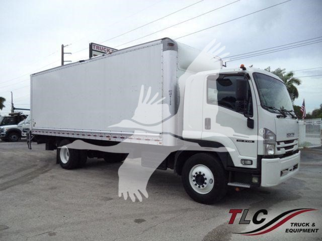 Isuzu box truck with cargo box, cab front view, logos on door and grille, watermark of TLG on image.