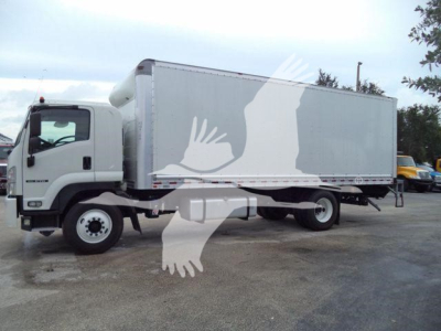 2018 Isuzu FTR box truck with a large cargo box and cab, front left view
