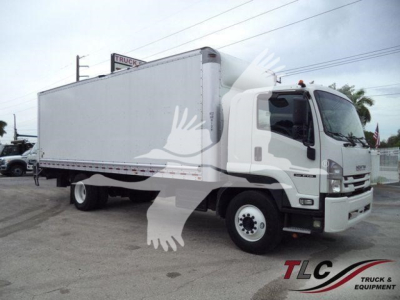 Isuzu box truck with cargo box, cab front view, logos on door and grille, watermark of TLG on image.