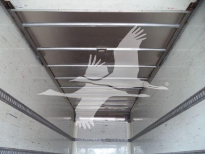 Isuzu box truck cargo area interior with metal rails and a graphic of white birds on the ceiling.