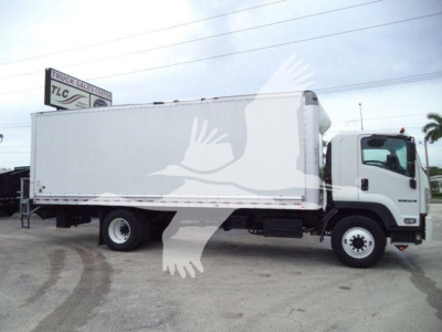 Isuzu box truck side view showing large cargo box and cab, with wheels visible.