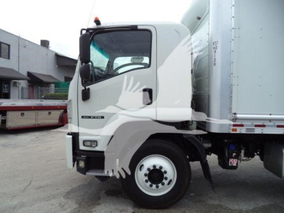Isuzu NPR truck cab and box side view showing wheel and front door with logo