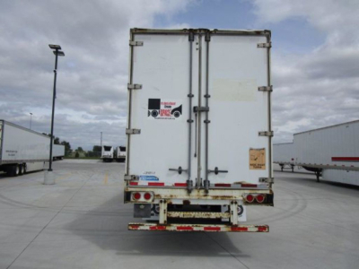 Stoughton van trailer rear view showing back doors and bumper with reflective tape.