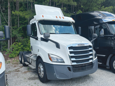Truck hood and cab of a white Freightliner Cascadia 116 Conventional Daycab with sleeper, chrome grille, and DEF/engine labels not visible.