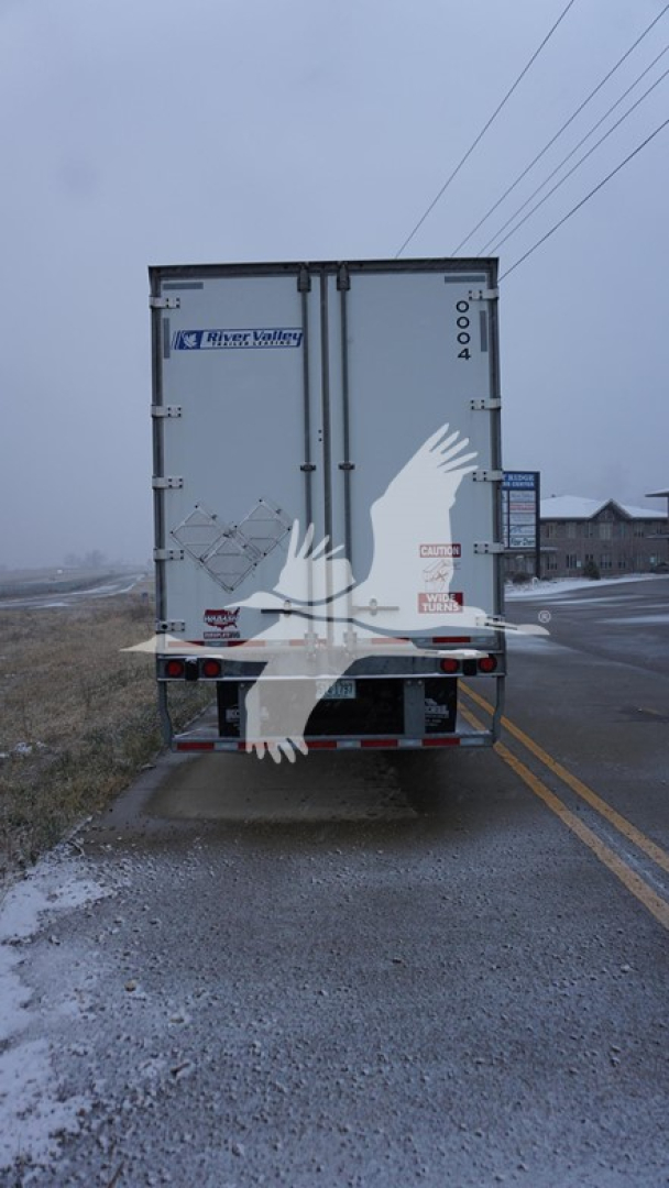 Back view of a 2020 Wabash dry van trailer showing rear doors with hinges and latches, trailer ID and reflectors, on a two-lane road.