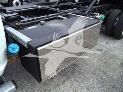 Ram 5500 rollback truck fuel/auxiliary tank mounted under chassis with cap and hoses visible