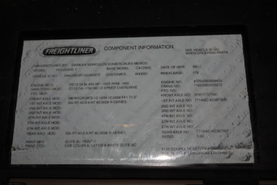 Conventional daycab truck information plate showing model and specifications for Freightliner Cascadia 125. Text includes manufacturer details, base model, engine, and paint info.