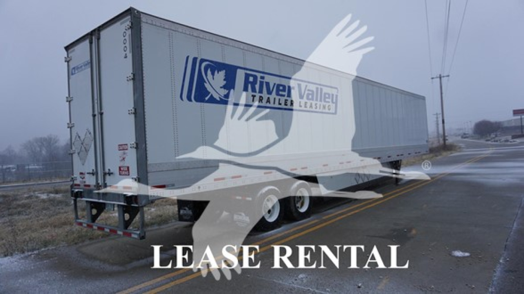 Trailer side view showing River Valley Trailers leasing logo on a dry van trailer with white exterior and black wheels.