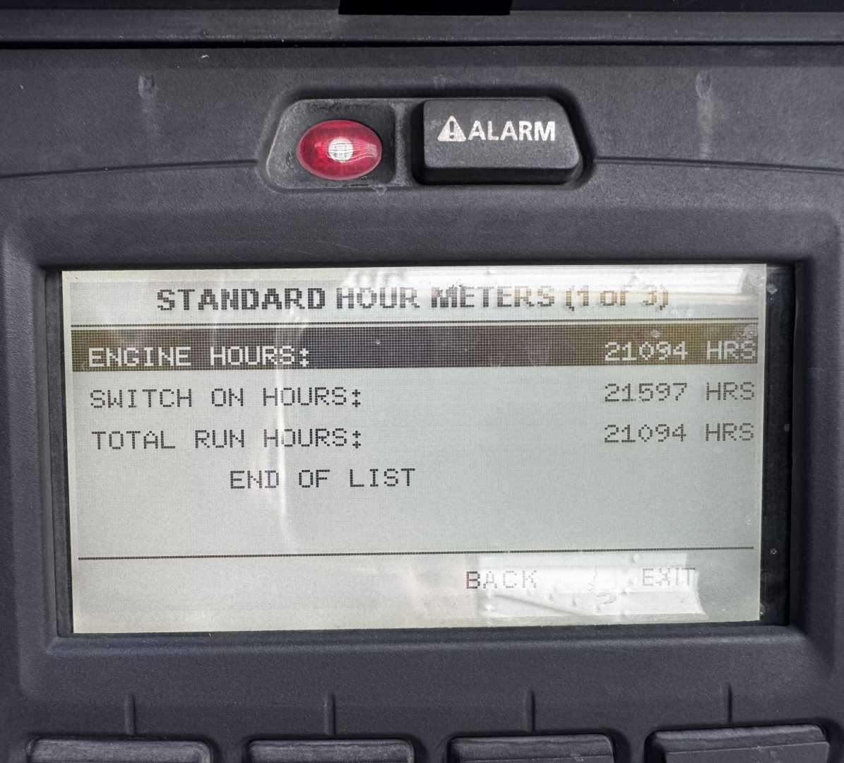 Dashboard display showing Standard Hour Meters with Engine Hours 21094 HRS, Switch On Hours 21597 HRS, Total Run Hours 21094 HRS.