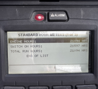 Dashboard display showing Standard Hour Meters with Engine Hours 21094 HRS, Switch On Hours 21597 HRS, Total Run Hours 21094 HRS.