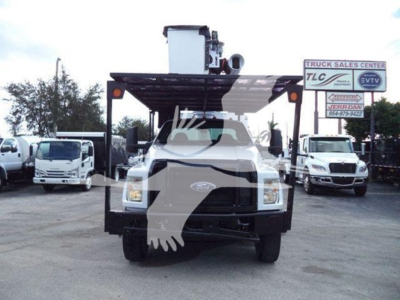 2017 Ford F750 bucket truck front view showing bucket lift equipment and grille with Ford emblem.