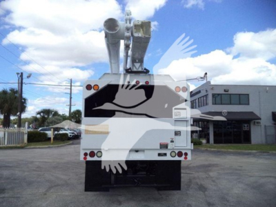 Rear view of a 2017 Ford F750 bucket truck showing mounted boom and hose reel, with stock number T02261 and VIN 1FDNF7DC8HDB02261 visible.