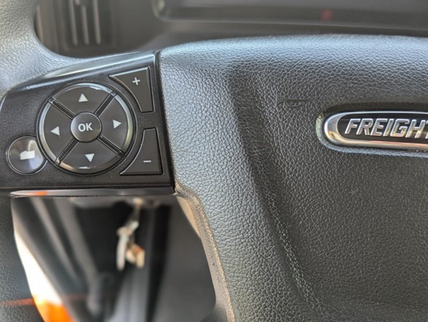 Cab view of Freightliner Cascadia steering wheel with control pad and Freightliner badge visible.