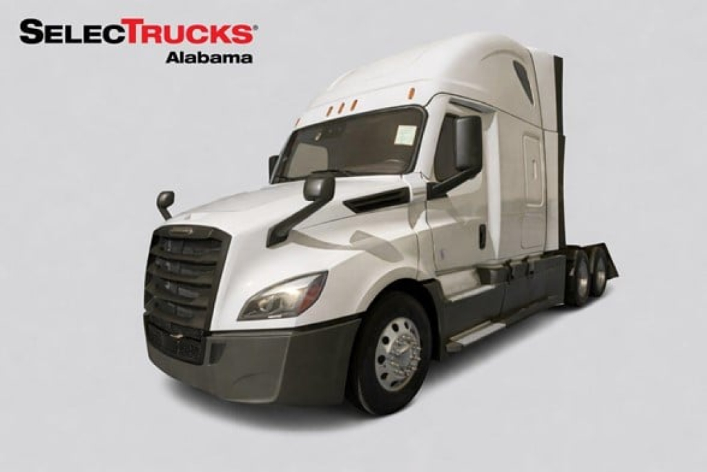 Truck image showing a white Freightliner Cascadia 126 Sleeper tractor with aerodynamic cab and black grille.