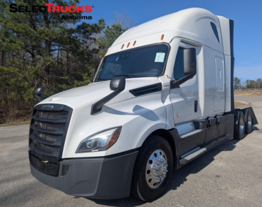 Freightliner Cascadia 126 sleeper tractor in white, side view, front grille and chrome wheels visible; no license plate shown.