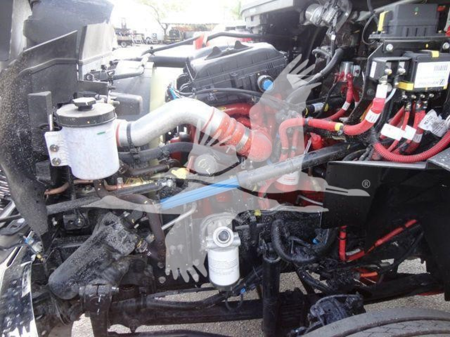 Truck engine bay showing coolant reservoir, turbo/intercooler piping, hydraulic lines, and various red battery cables in a new International MV rollback truck.