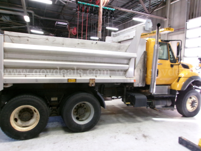 Dump truck showing side view of cargo bed and cab. Exterior labels not legible.