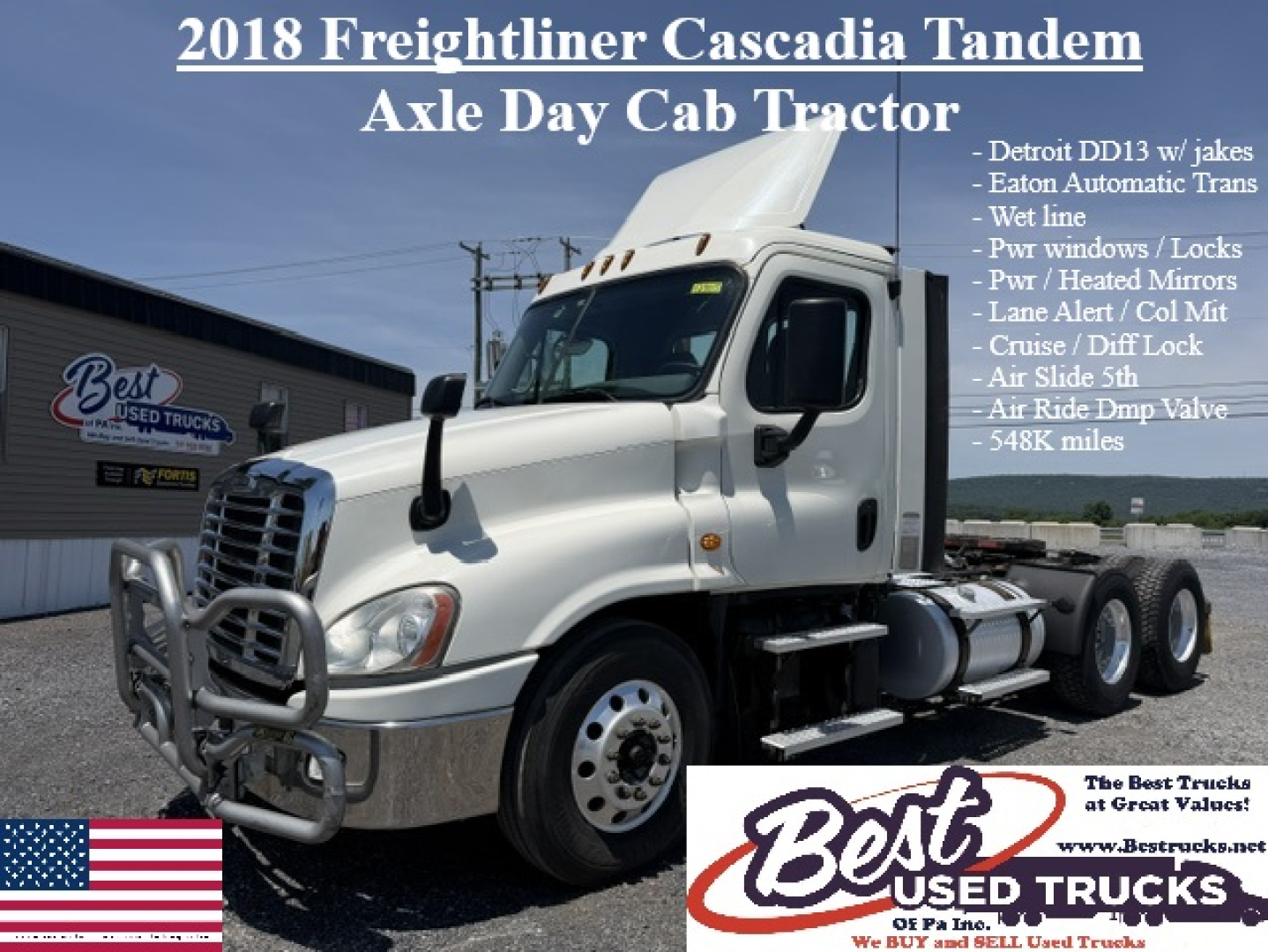 2018 Freightliner Cascadia Tandem Axle Day Cab Tractor showing configurable specs and Best Used Trucks logo.