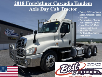 2018 Freightliner Cascadia Tandem Axle Day Cab Tractor showing configurable specs and Best Used Trucks logo.