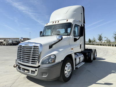 Freightliner CA12564DC conventional daycab tractor in white, front-left view, showing large grille, bumper, headlight cluster, dual rear wheels, and high sleeper cab.