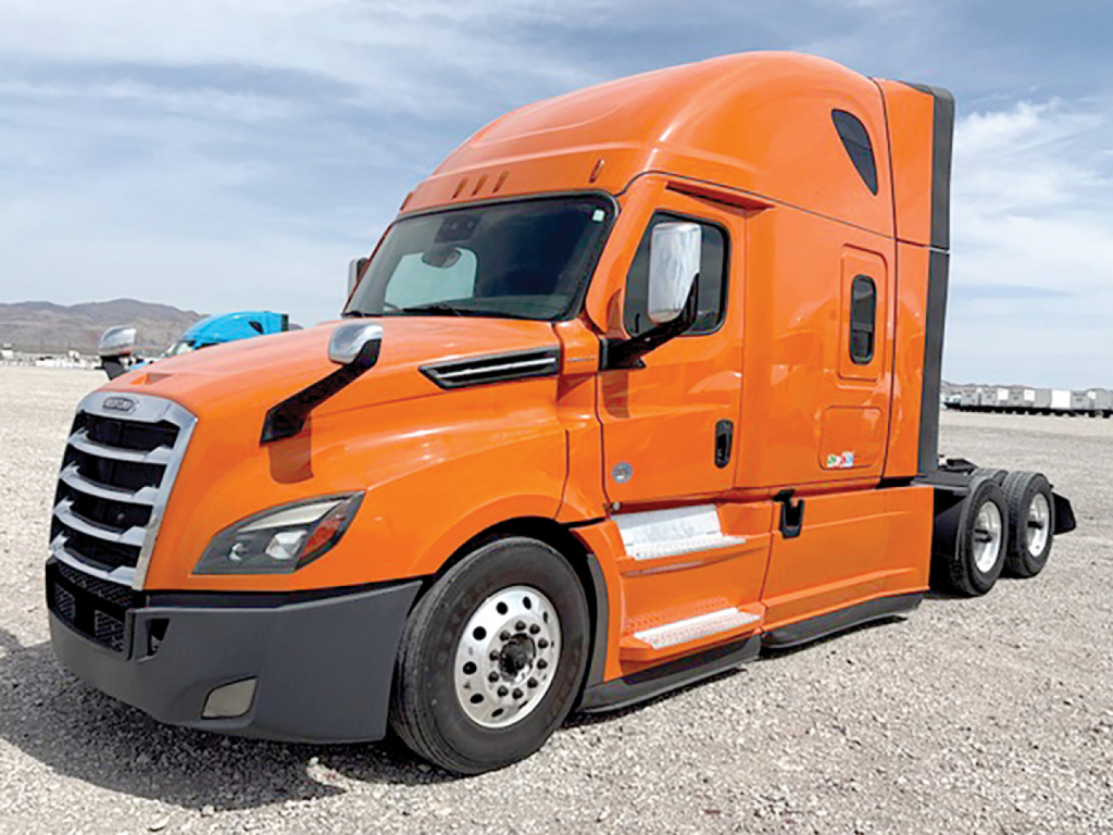 Orange Freightliner Cascadia126 semi-truck cab side view with sleeper, black front bumper, silver steps, and large Pioneer-style grille.