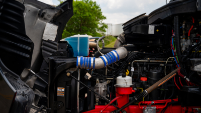 Kenworth T680 engine bay showing hoses, reservoir, and various components.