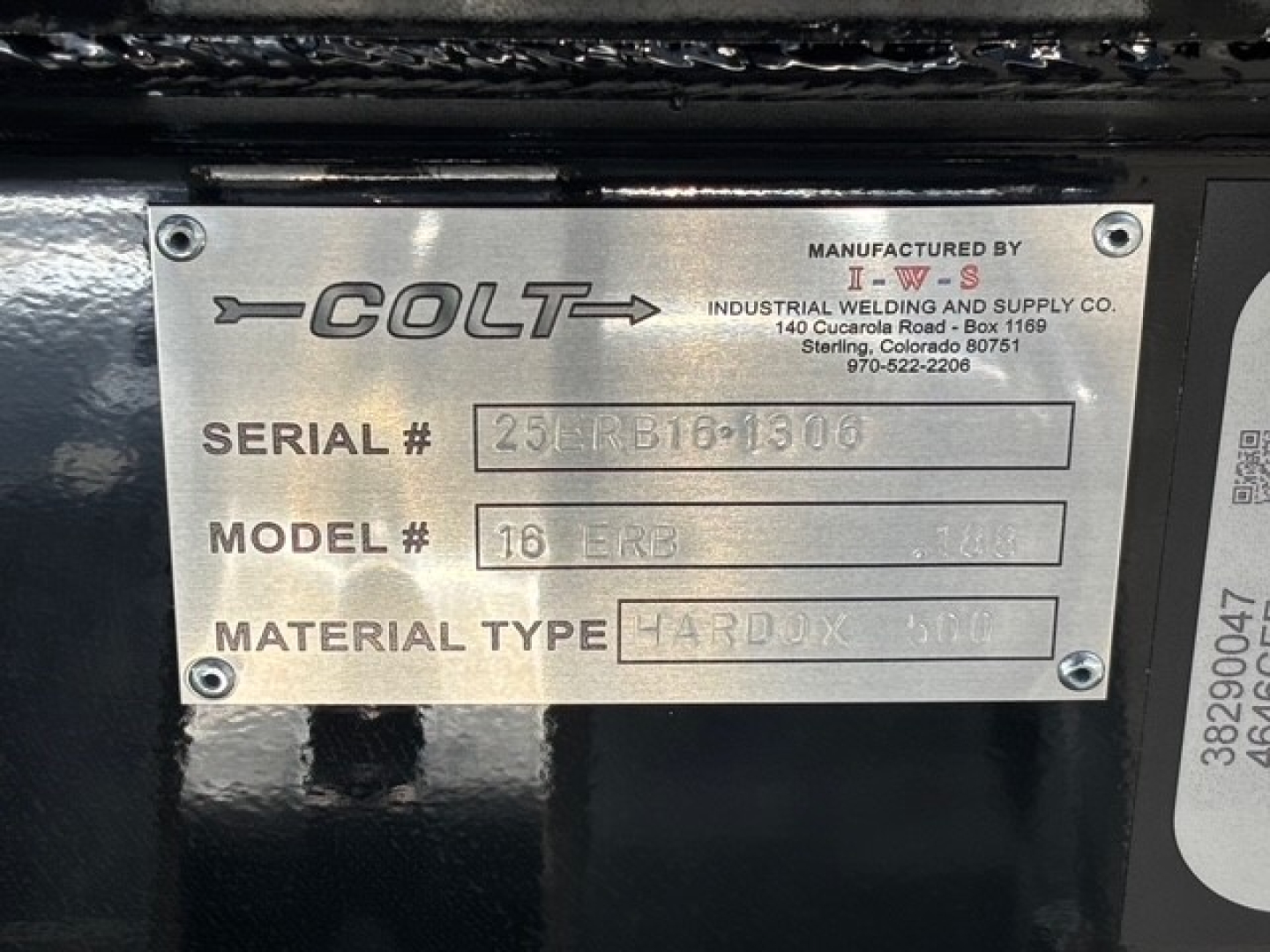 Plate showing COLT manufacturer plate with Serial # 25R B16 1306, Model # 16 FRB, Material Type HARD DIX 300? (text partially obscured) and plant info.