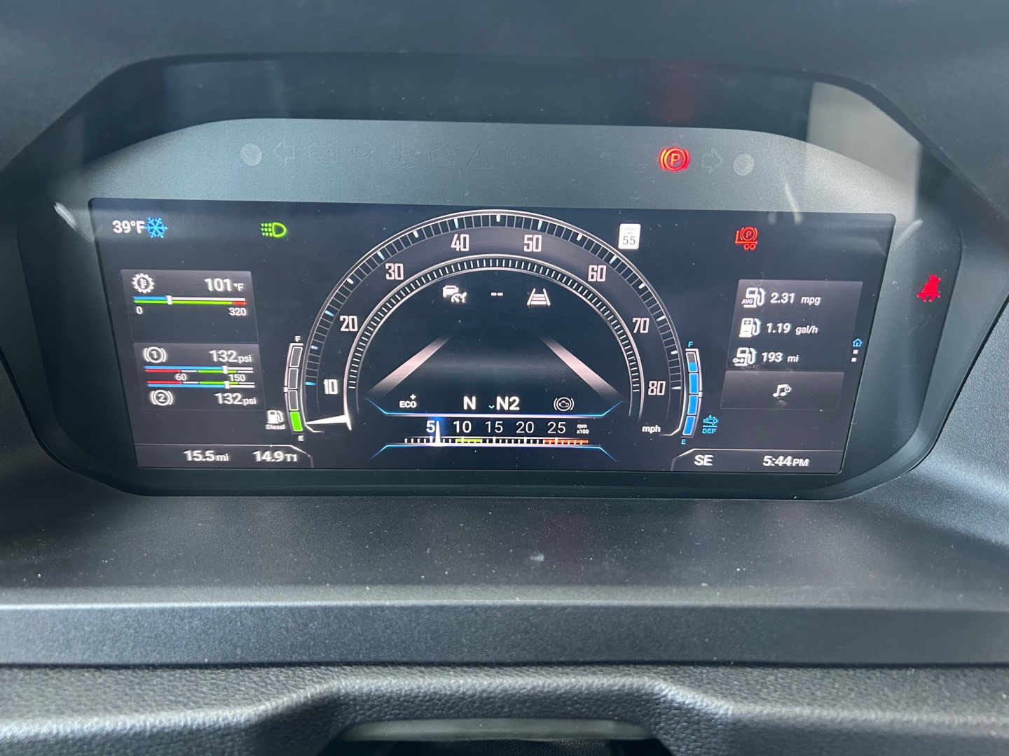 Mack PR64T instrument cluster displaying digital gauges, speedometer arcs, and multiple readouts on a truck dashboard.