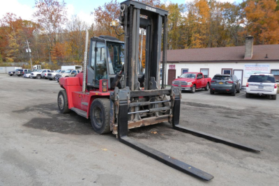 Kalmar DCG160-6T forklift in service showing forks and lifting mast with operator cab; no readable placards visible