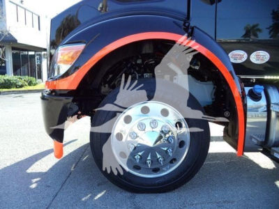 Kenworth T280 front wheel well and fender with orange accent, chrome wheel, visible suspension components