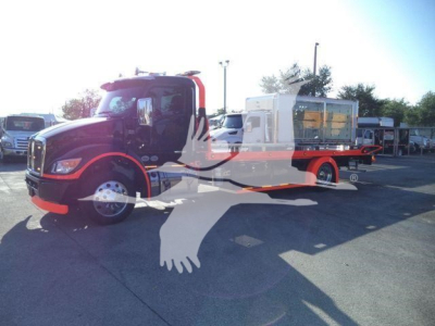Kenworth T280 rollback truck in black and red with a flatbed, showing a large white watermark over the image; no legible model details beyond the visible truck silhouette.