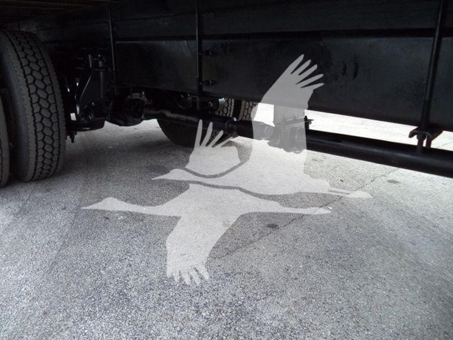 Box truck undercarriage showing frame rails and axle with dual rear wheels; side chassis and underbody components visible.