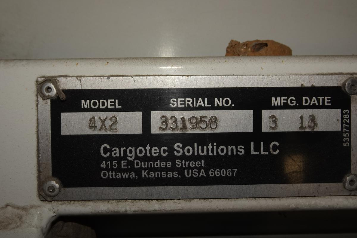 Model 4X2 serial no 331958 mfg. date 3 13; Cargotec Solutions LLC plate showing Ottawa yard location and address.