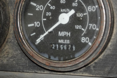 Gauge cluster showing speedometer with MPH and km/h markings; odometer reads 215673 miles; circular bezel with metal rim.