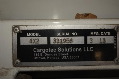 Model 4X2 serial no 331958 mfg. date 3 13; Cargotec Solutions LLC plate showing Ottawa yard location and address.
