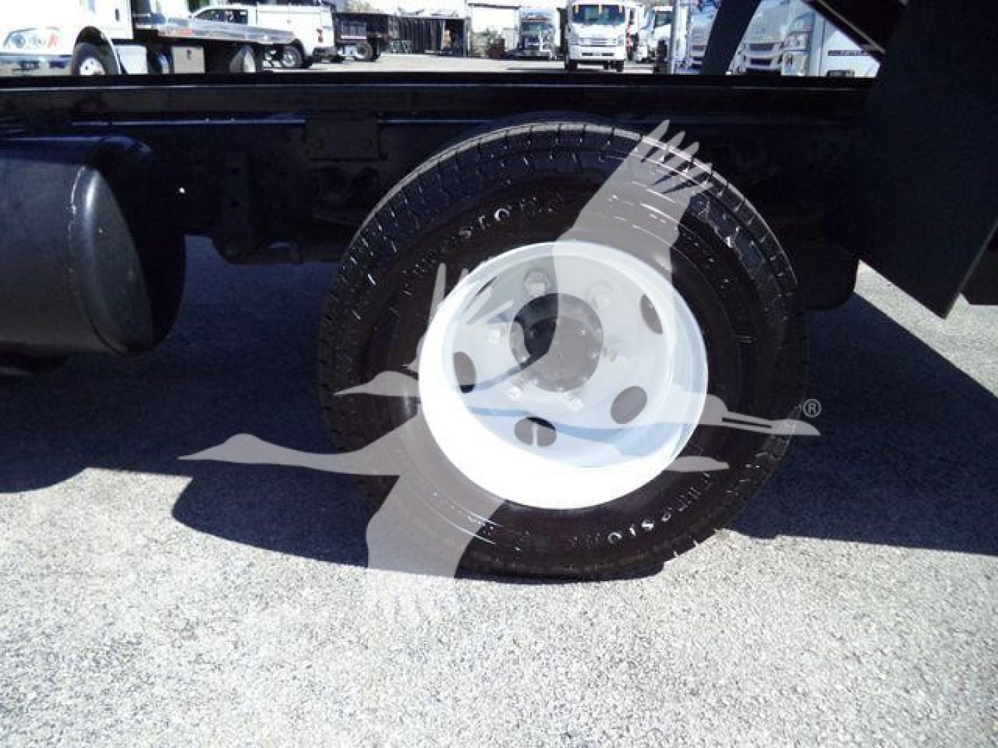 Isuzu NPR HD truck wheel and tire assembly showing white steel rim and black tire with visible tread, undercarriage and fender in background.