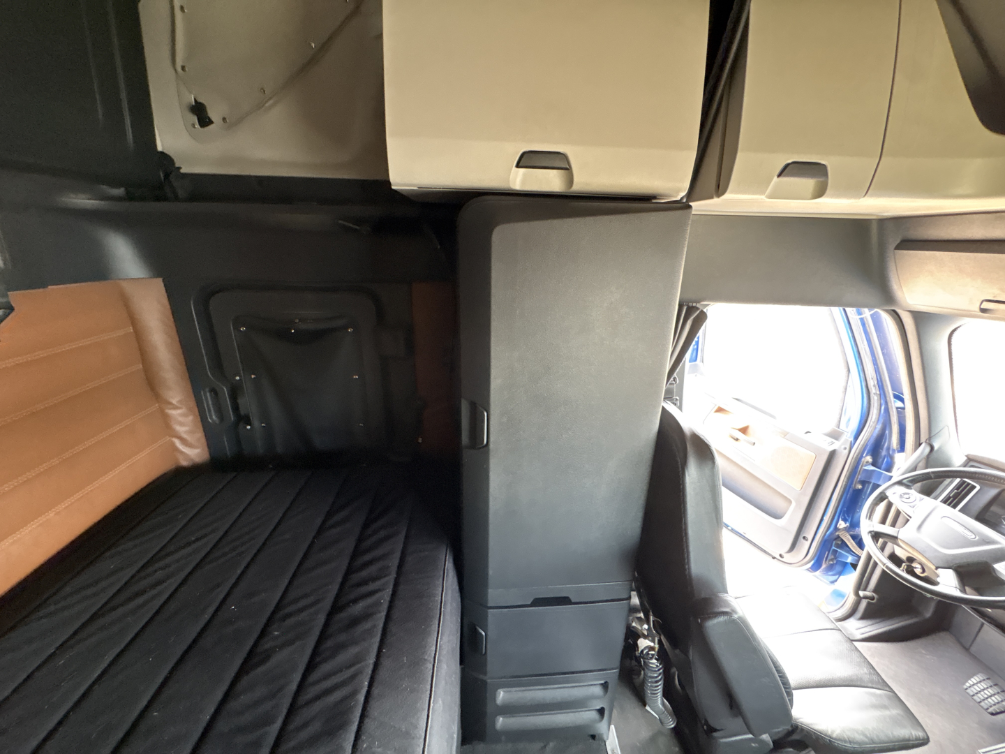 Freightliner Cascadia 126 cab interior view showing bunk area and driver seat with steering wheel in foreground