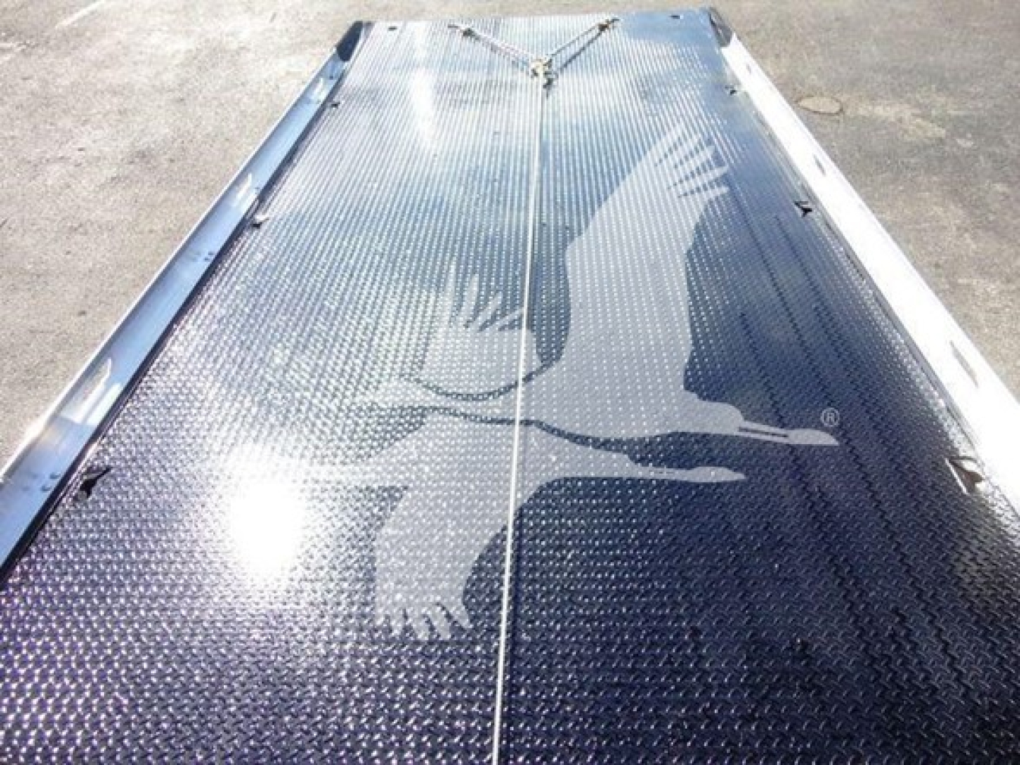Truck equipment image showing a diamond-plate surface with a large graphic of an eagle in flight across the deck; no other text visible.