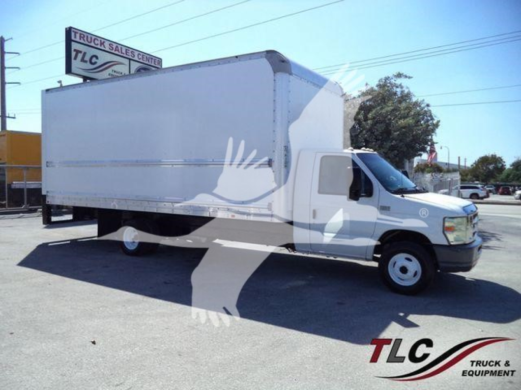 Box truck 2011 Ford E450 side view showing cargo box and cab with TLC logo watermark.